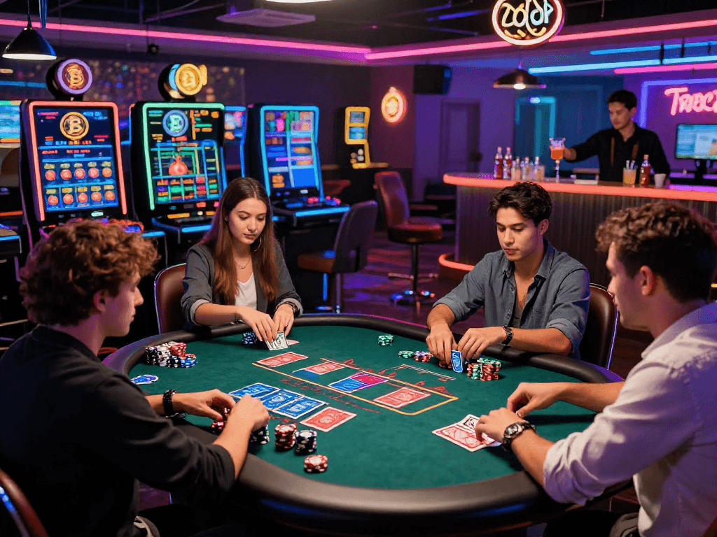 Diverse players at a crypto casino table enjoying an innovative poker game with digital elements and vibrant lighting.