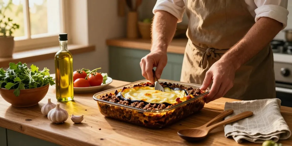 Recept Moussaka lagas i ett rustikt grekiskt kök med färska ingredienser.