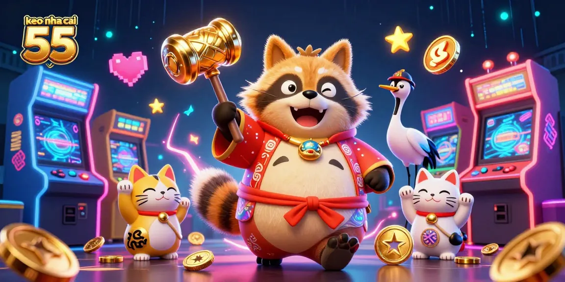 Experience keo nha cai 55 with a lively 3D cartoon illustration of fortune cats and a tanuki in a vibrant casino setting.