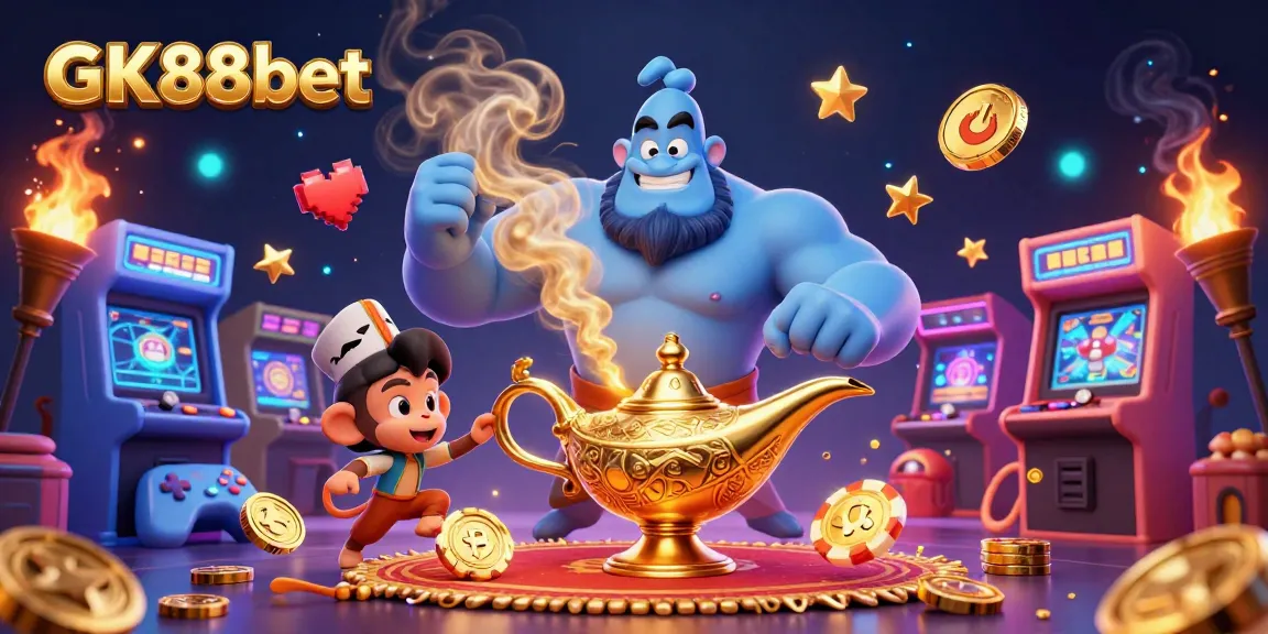 Experience the thrill of GK88bet with a dynamic casino scene featuring a genie and colorful game elements.