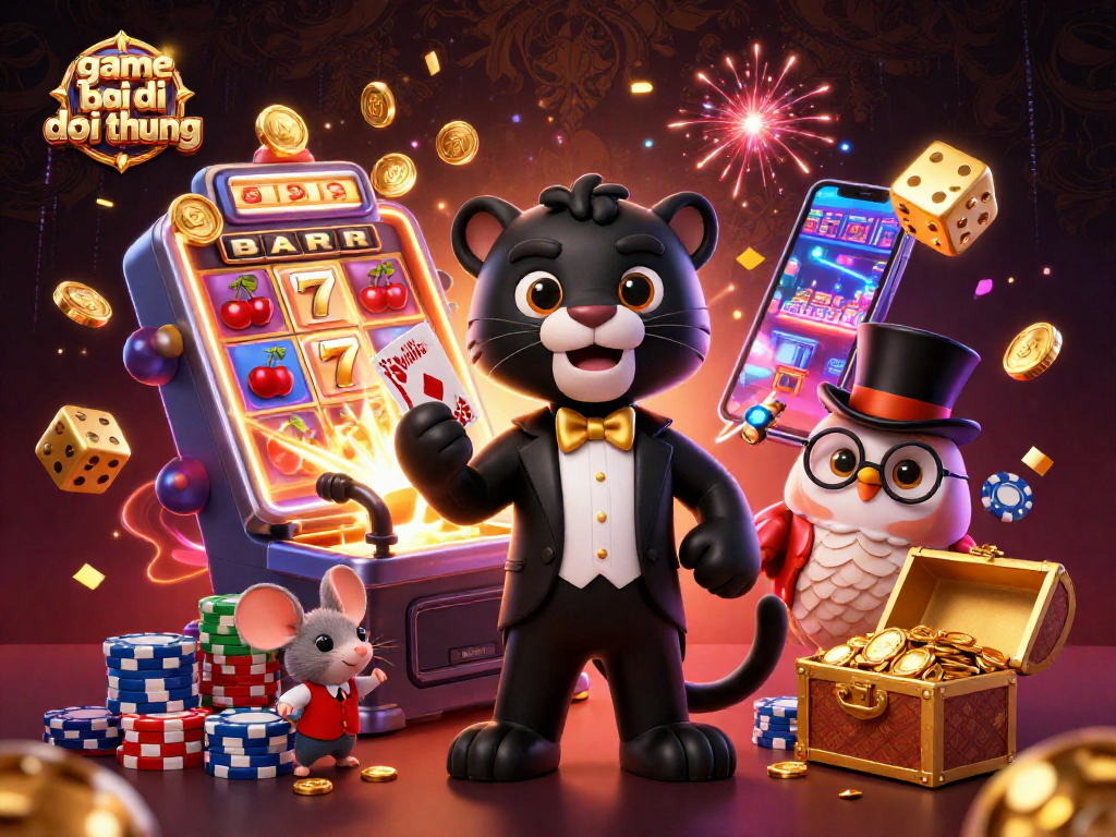 Experience game bai doi thuong excitement with a stylish panther, charming owl, and lucky mouse in a vibrant casino scene.