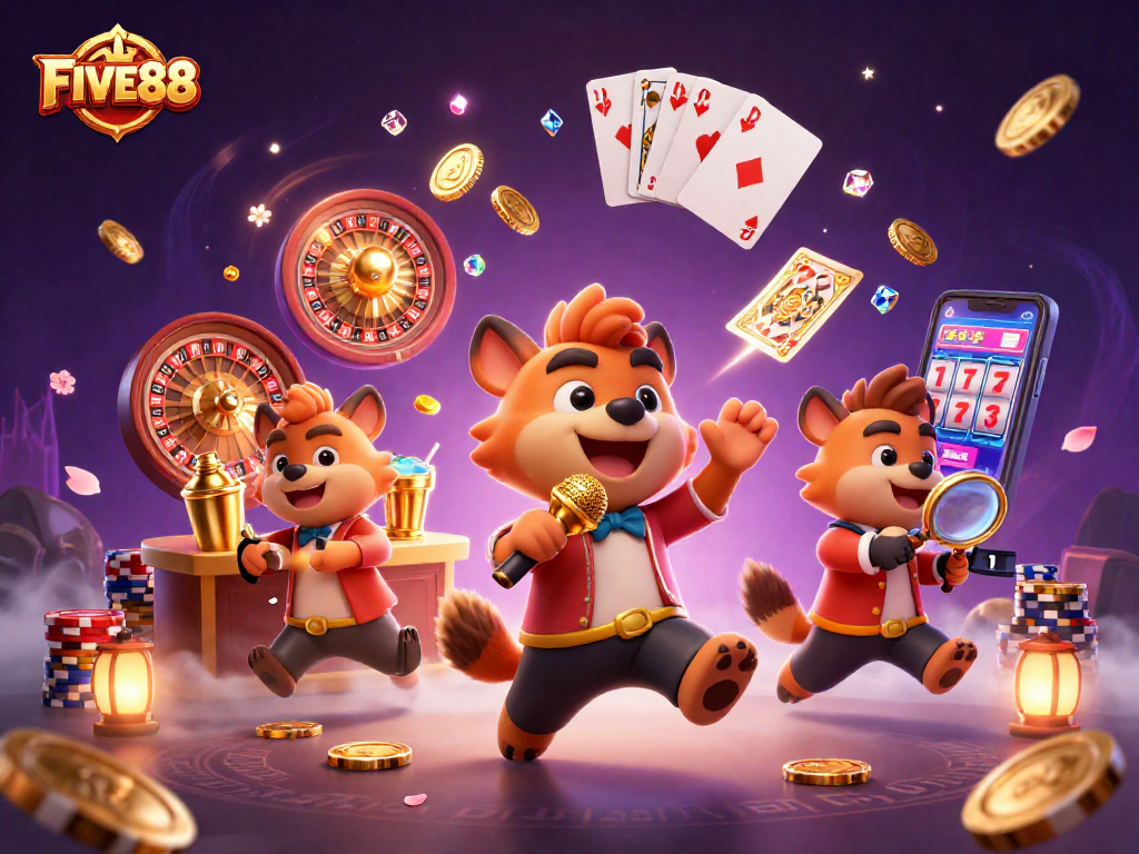 Experience the excitement of FIVE88's vibrant casino atmosphere with engaging hyena characters.