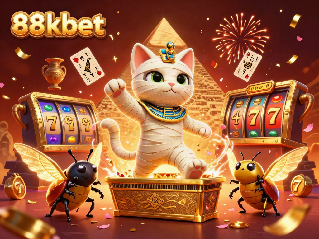 Experience the excitement of 88kbet with a dynamic scene of casino adventure featuring a mummy cat and vibrant symbols.
