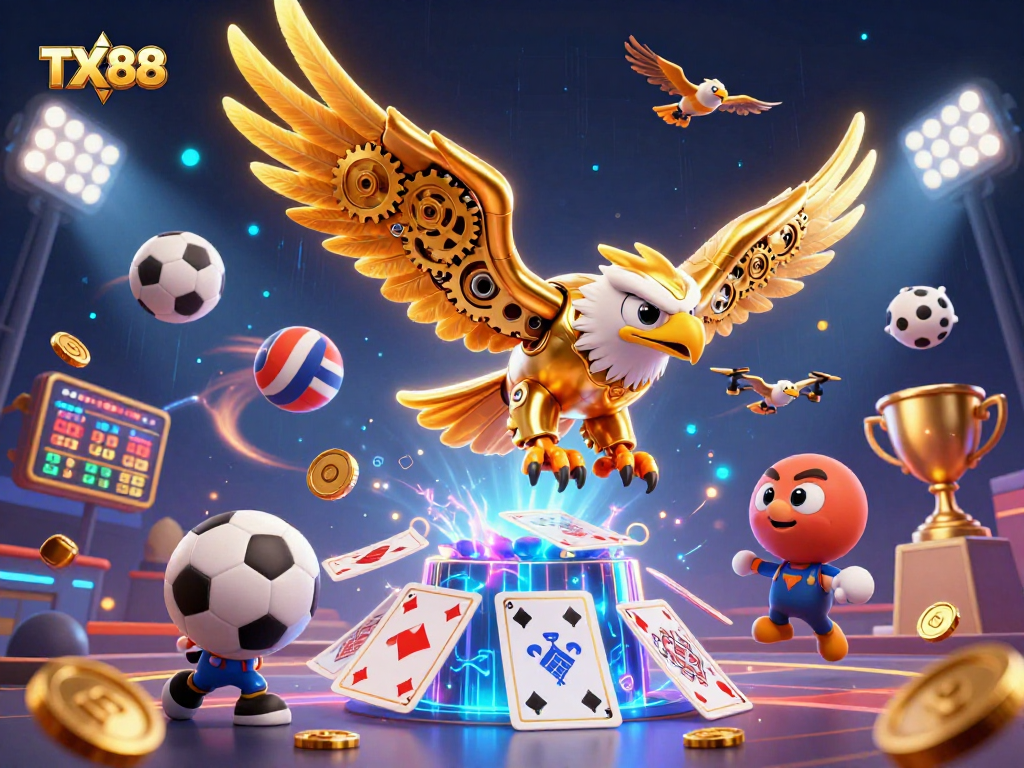 TX88 showcases a cybernetic golden eagle in a vibrant casino atmosphere with dynamic gaming elements.