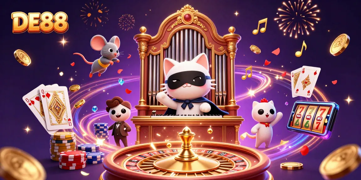 Experience the excitement of DE88 with a dazzling casino illustration featuring a masked cat and playful acrobats.