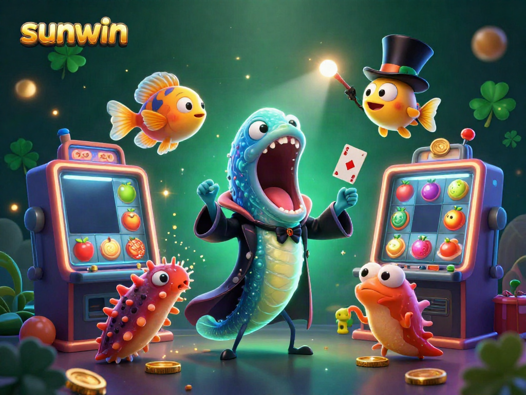 Experience sunwin's thrilling jackpot scene with animated characters and vibrant slot machines.
