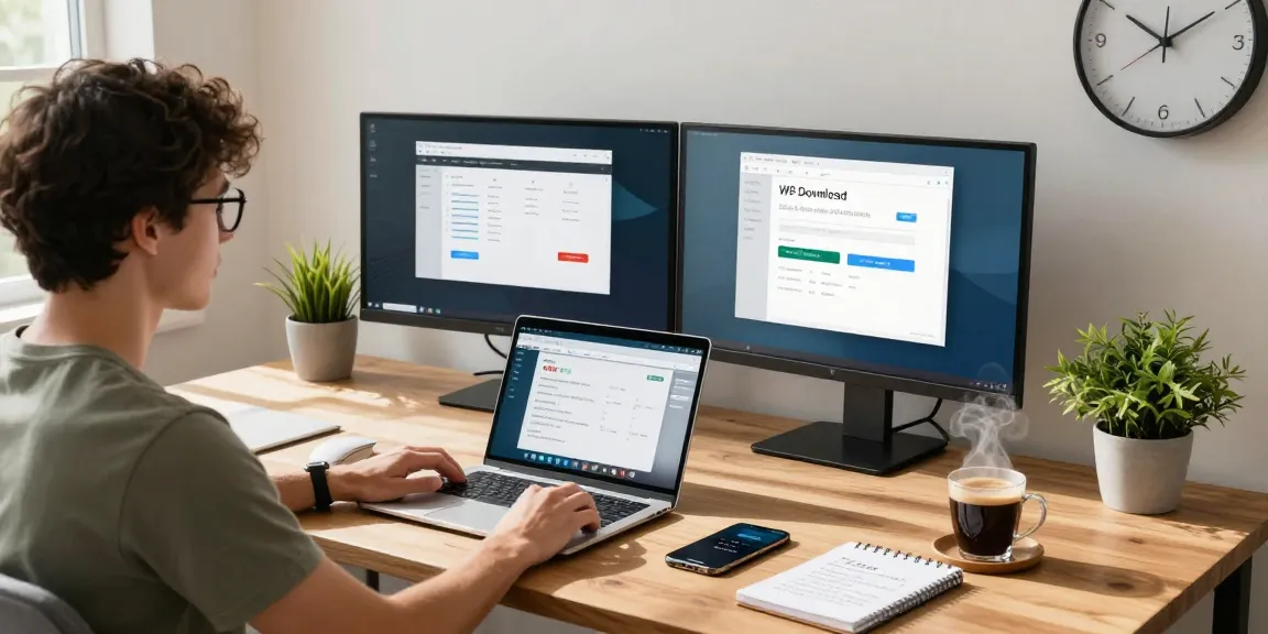 WPS Download workspace with user on laptop, dual monitors, and coffee in bright home office