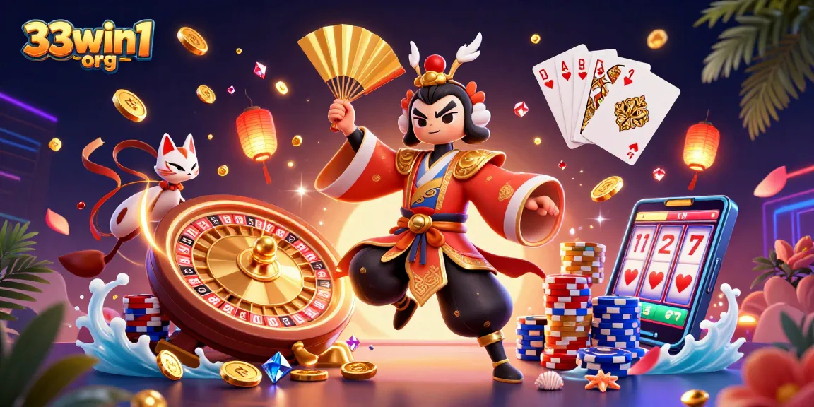 Engage with the thrilling gameplay at 33win1 org featuring a kabuki warrior and vibrant casino elements.
