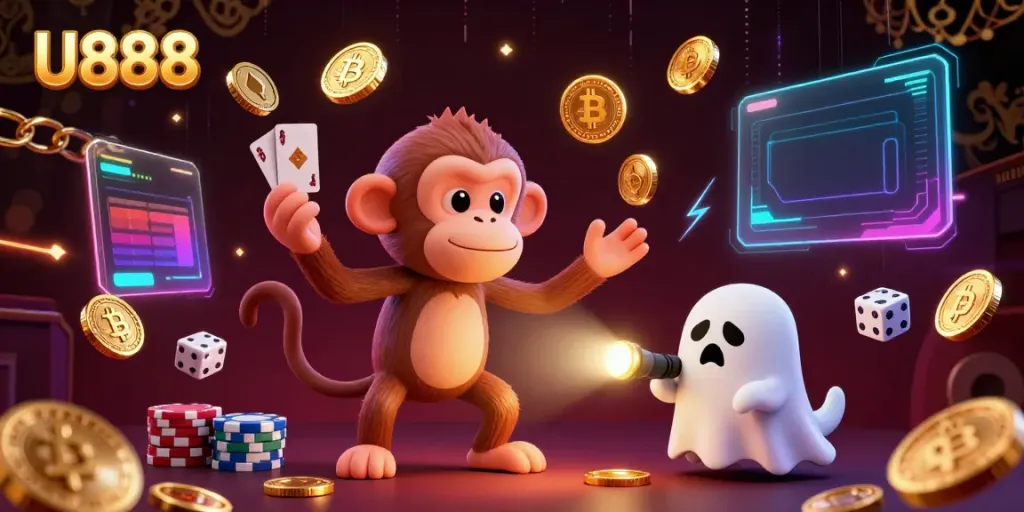 Experience U888’s animated casino magic with a playful poltergeist monkey and ghost-hunter puppy in action.