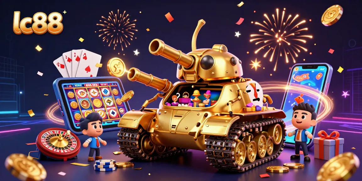 Experience the excitement of lc88 with a vibrant 3D casino scene featuring golden elements, slot games, and confetti.