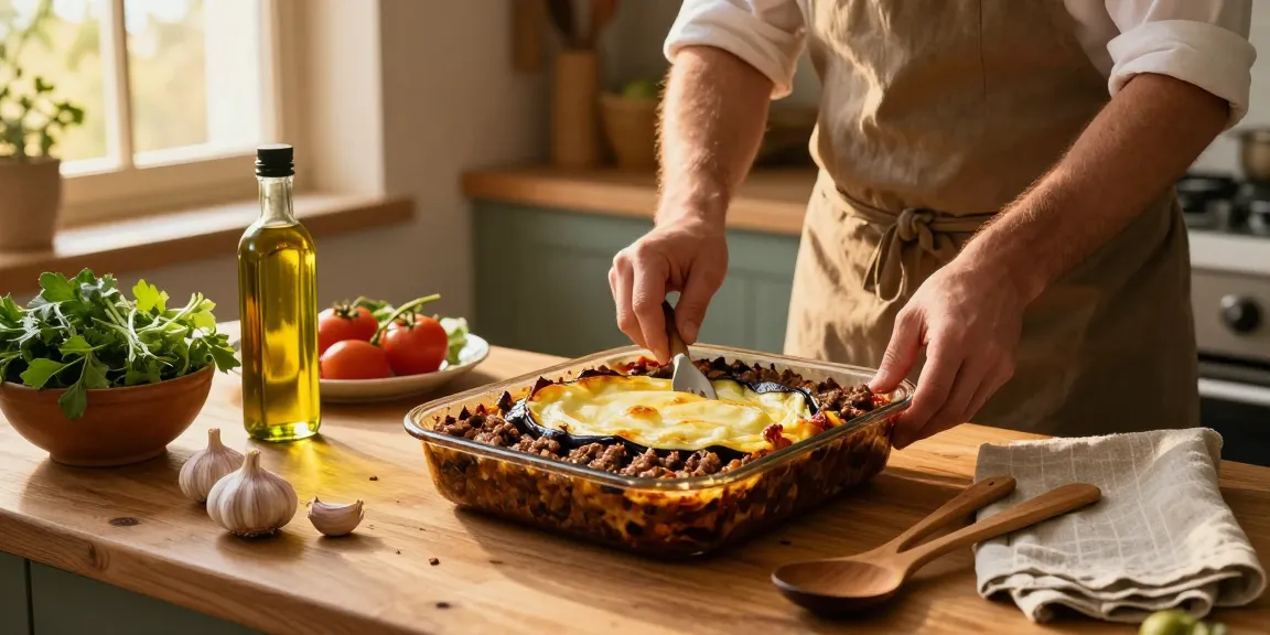 Recept Moussaka lagas i ett rustikt grekiskt kök med färska ingredienser.