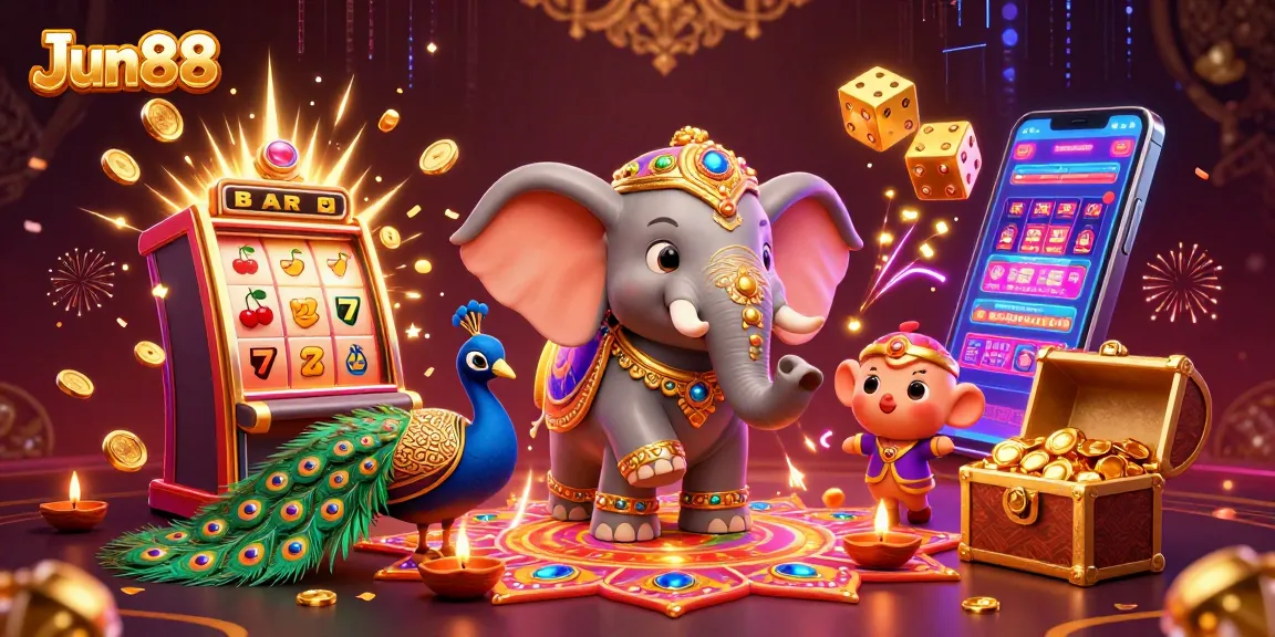 Engage with Jun88's vibrant gaming scene featuring a Diwali-themed elephant, slot machines, and exciting casino elements.