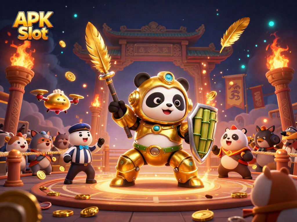 Engage with APK Slot's thrilling 3D casino scene featuring a mech-suit panda and vibrant visuals.