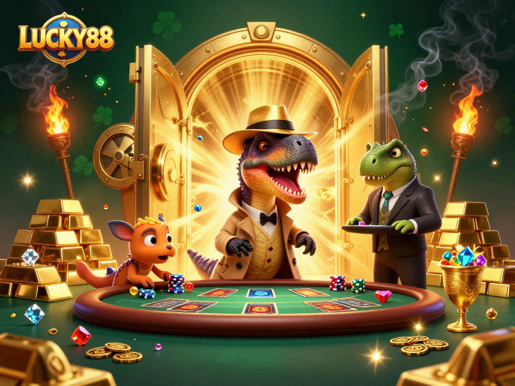 Catch LUCKY88's thrilling blackjack showdown with a velociraptor card counter and gems galore!