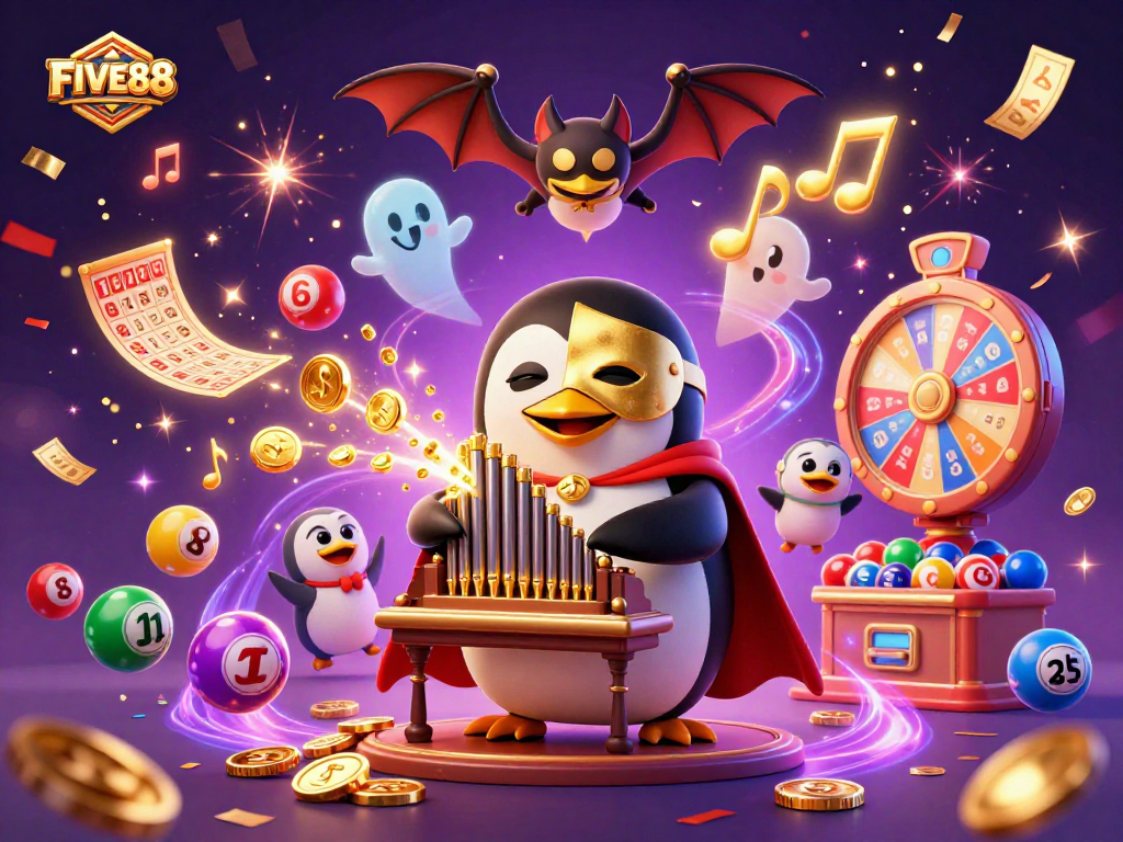 Experience the enchanting FIVE88 casino world with vibrant lottery elements and joyful characters.