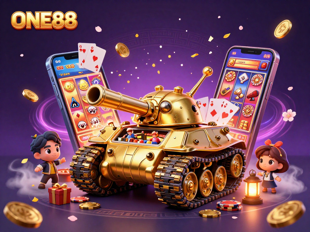 ONE88 showcases an animated golden beetle tank revealing a miniature casino with dynamic gaming elements.