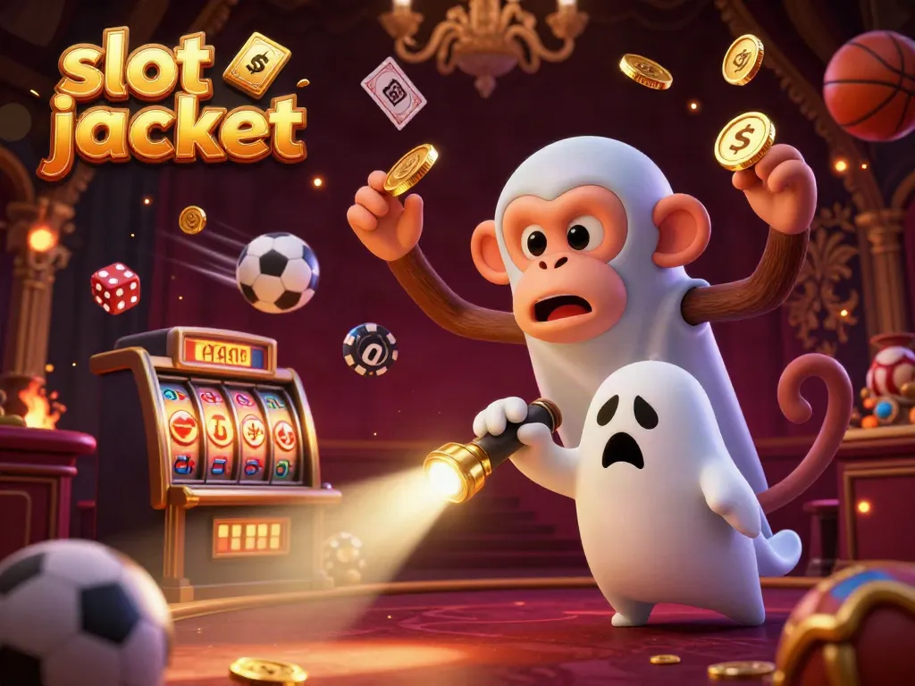 Engaging illustration depicting a spooky casino scene with a playful poltergeist monkey and ghost-hunter puppy, emphasizing slot jackpot excitement.