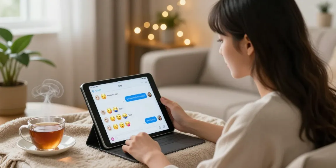 An engaging scene of a young woman interacting with her girlfriend AI on a tablet, showcasing modern companionship in a cozy setting.