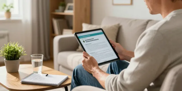 The person at home reading a guide about erectile dysfunction treatments and comparing Sildenafil, Tadalafil, and Vardenafil on https://vxperten.org.