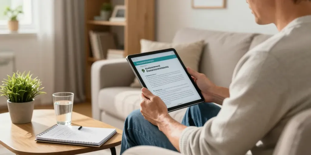 The person at home reading a guide about erectile dysfunction treatments and comparing Sildenafil, Tadalafil, and Vardenafil on https://vxperten.org.
