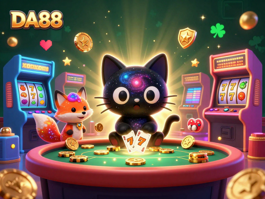 Play thrilling games at DA88 with a cosmic cat and fox amidst a vibrant casino atmosphere.