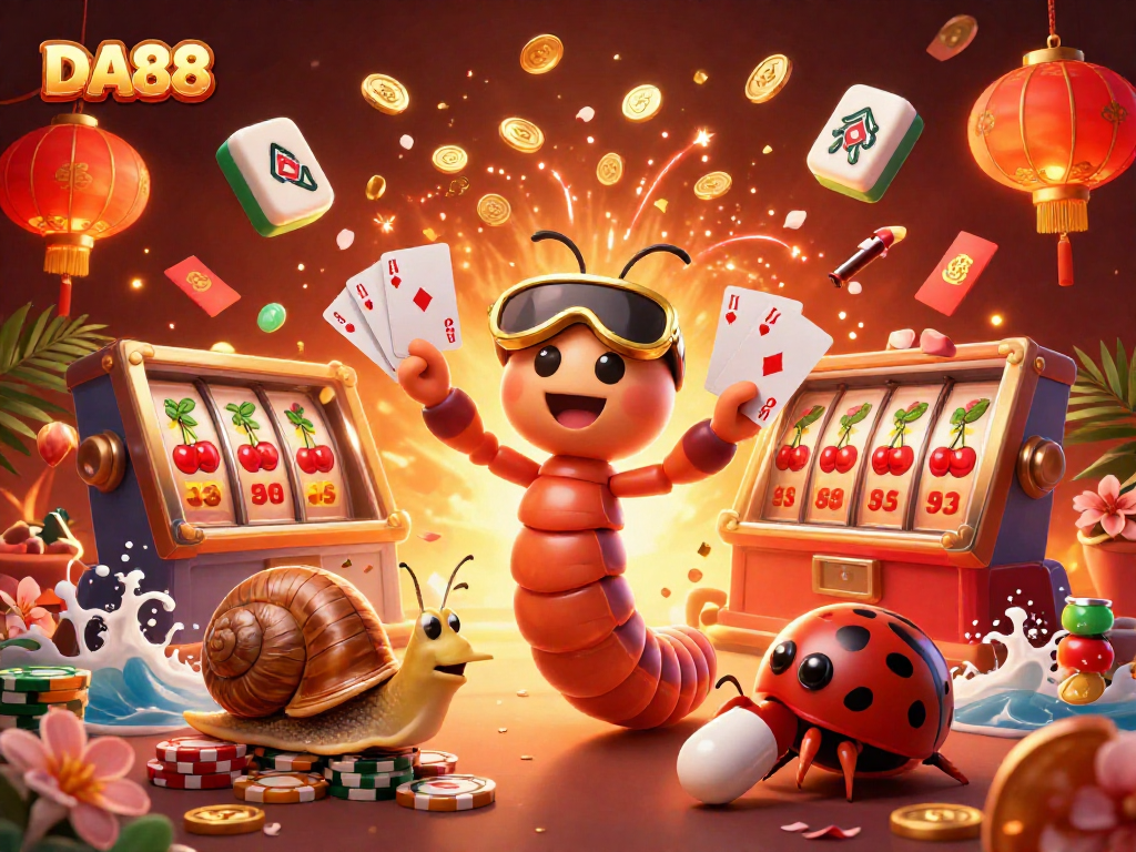 Experience the thrill of DA88 with a lively casino scene featuring a millipede dealer and colorful game elements.