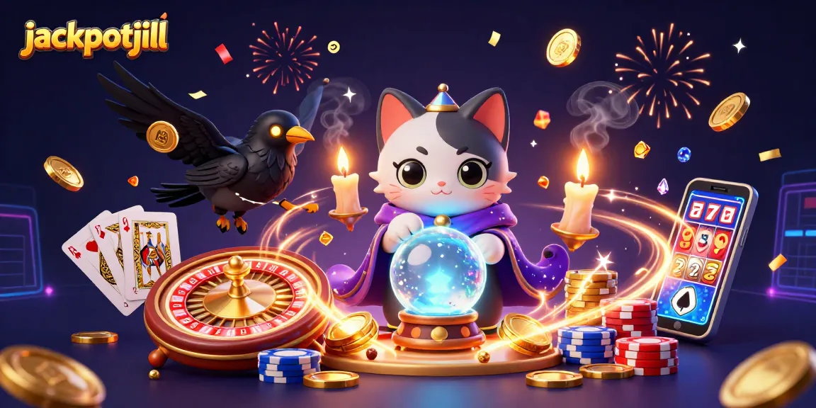 Engage with jackpotjill's interactive gaming experience featuring a fortune teller cat and vibrant casino elements.