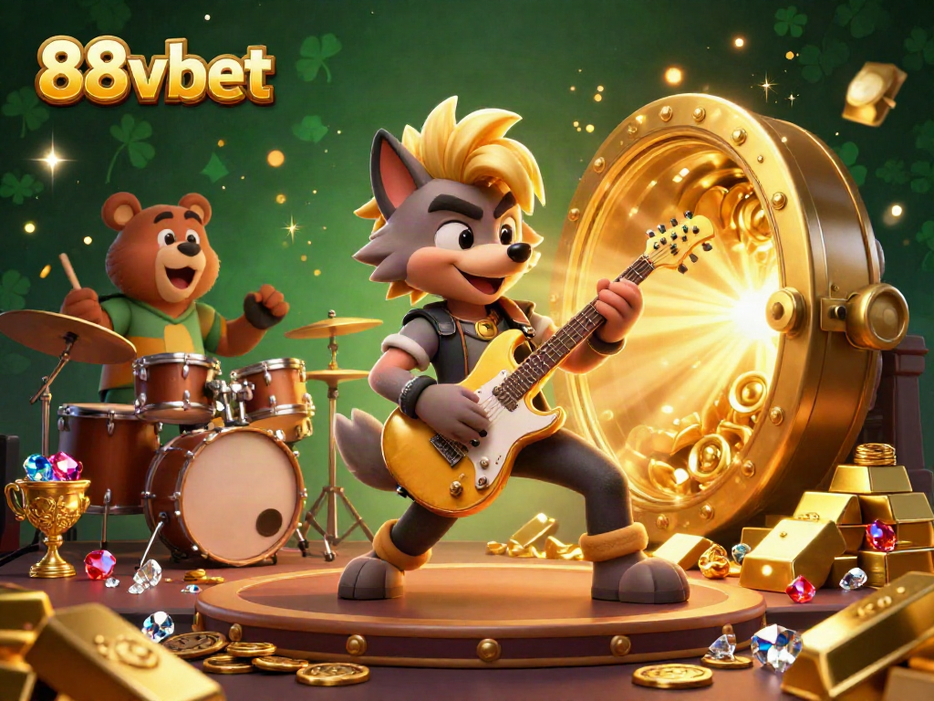 Experience the thrill of 88vbet with a rock star wolf and a drummer bear on a vibrant casino stage.