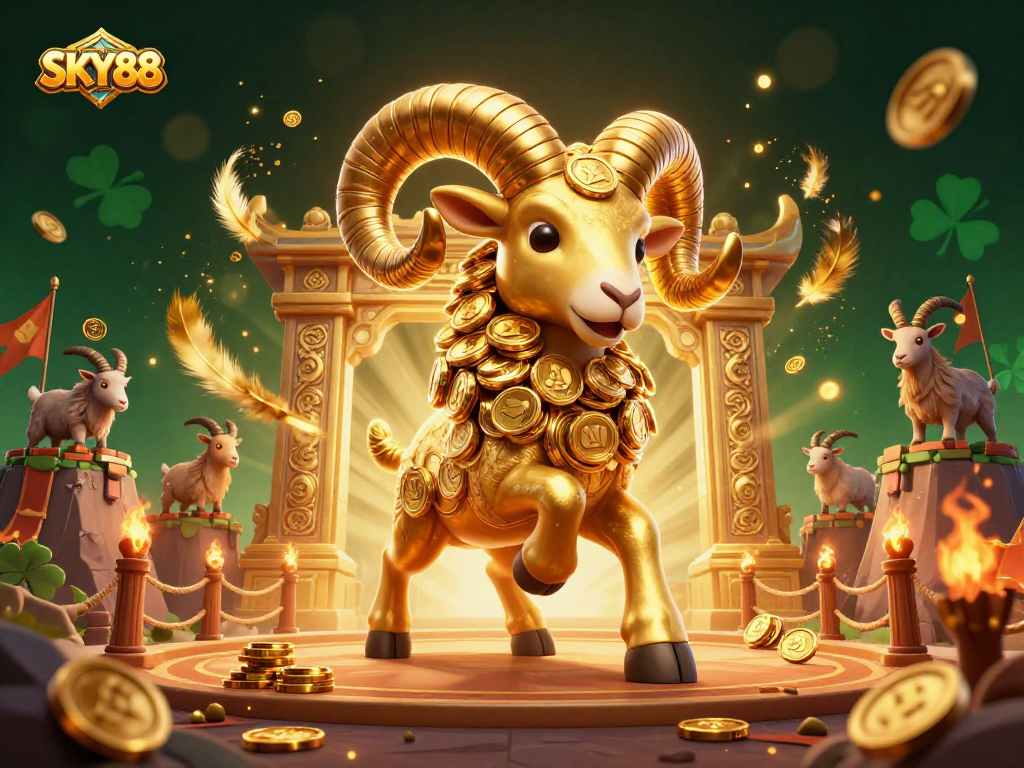 SKY88 showcases a golden ram amidst a lively casino scene filled with coins and dynamic elements.